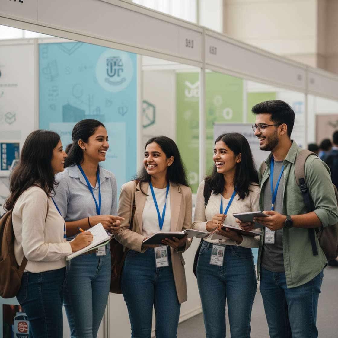 Students discussing career plans at Bridge Fair